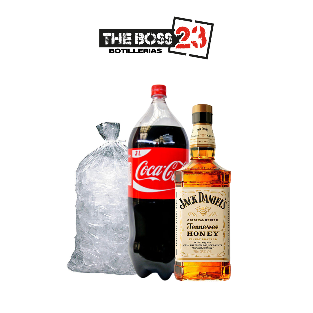 Promo Whisky Jack Daniel´s honey 750ml + Bebida 3L desechable + Hielo