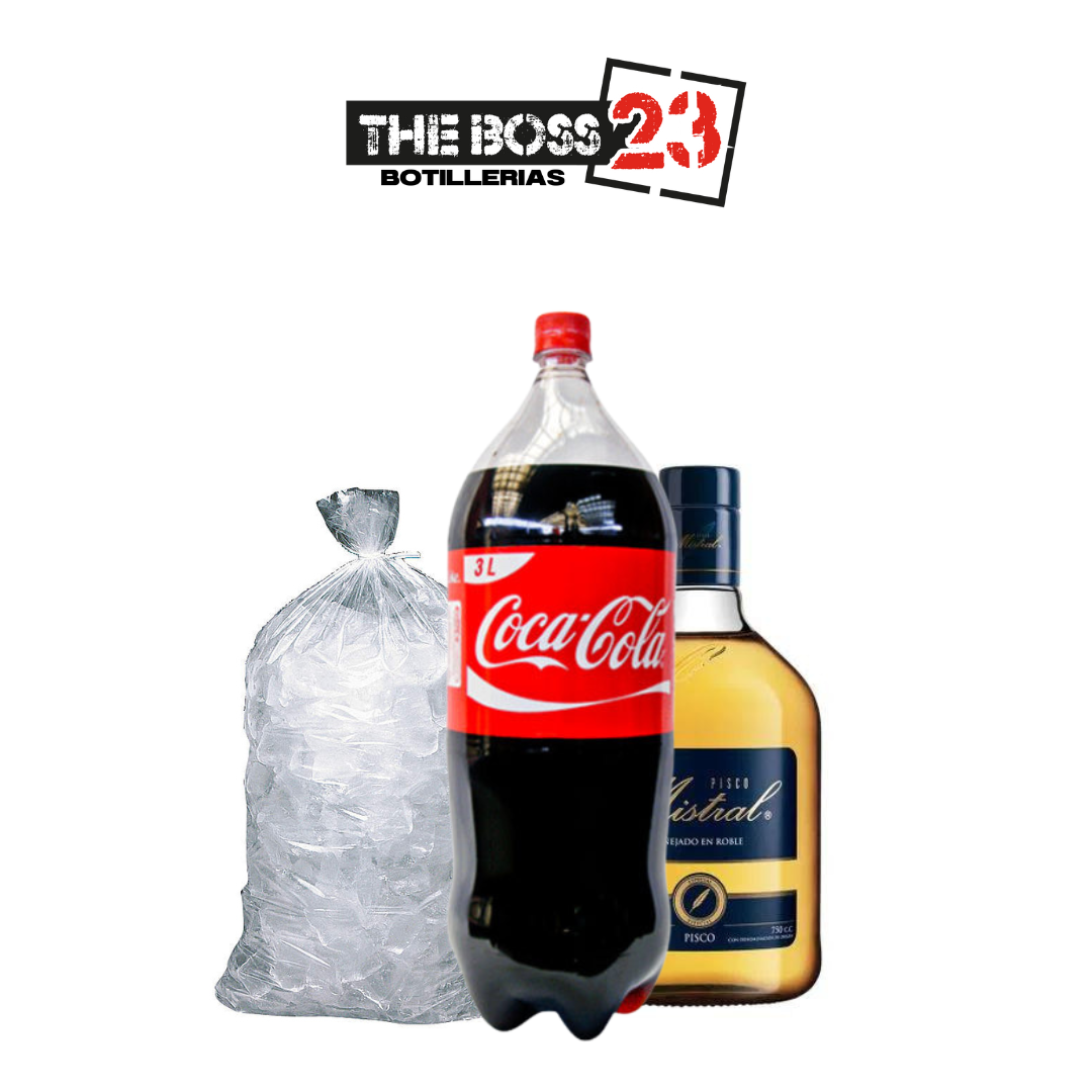 Promo Pisco Mistral 1L + Bebida Coca Cola 3L + Hielo