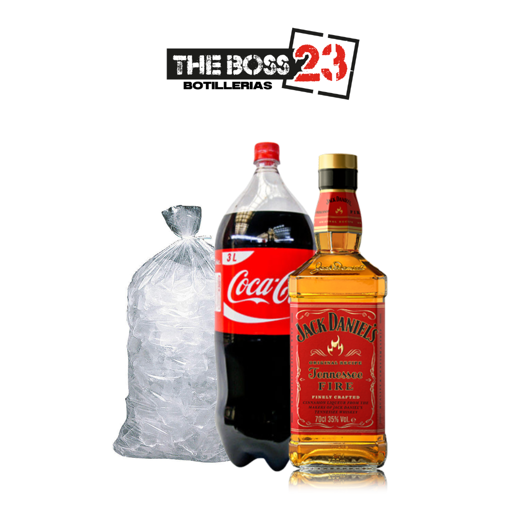 Promo Whisky Jack Daniel fire 750ml + Bebida 3L desechable + Hielo